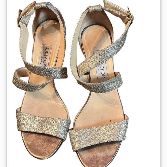 Jimmy Choo Gold/Silver Lurex Sz 39 Fabric Fearne Sandals Heels - Picture 3 of 7